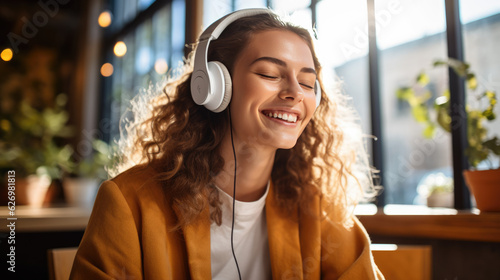 Young girl wearing headphones enjoying music outside. photo