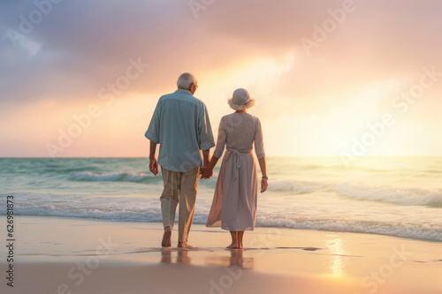 An elderly couple on the beach during sunset © Veniamin Kraskov