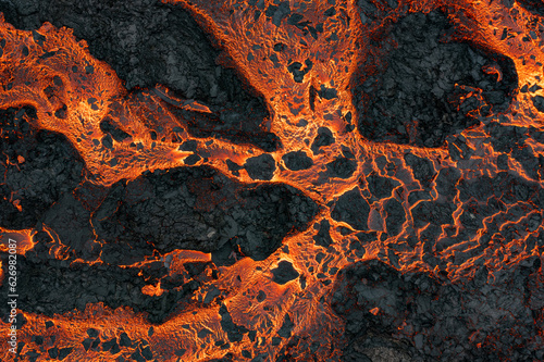 Aerial view of the texture of a solidifying lava field, close-up photo