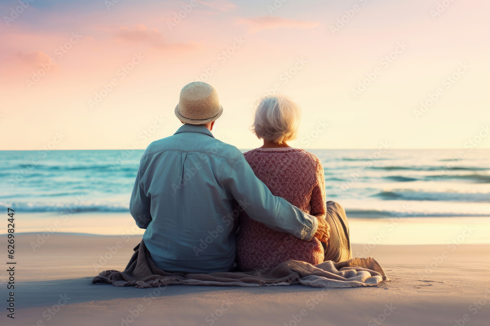 An elderly couple on the beach during sunset