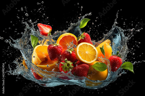 Set of sliced ​​fruit with water splash.Generative Ai. © Inlovehem