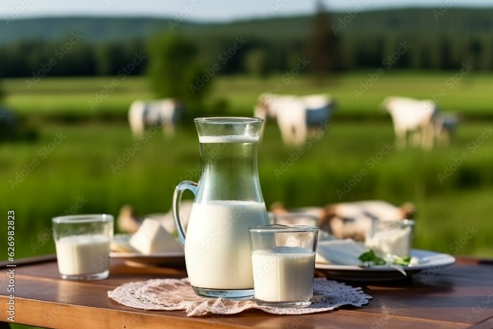 Fresh milk on wooden table with cows on meadow background.Generative Ai.