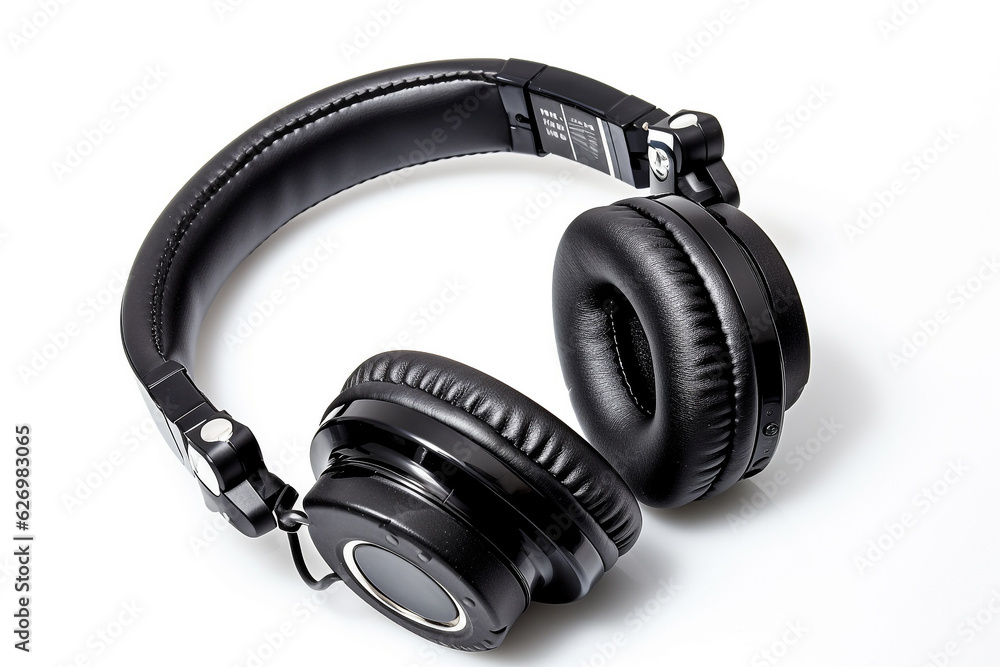 Black leather headphones isolated on white background Black leather headphones isolated on white background