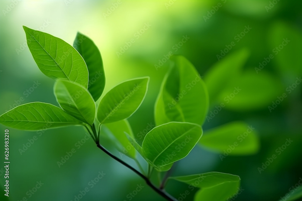 Close up green leaves with blur green background.Generative Ai.