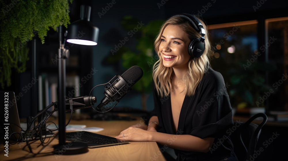 Young girl records a podcast in her home office. Young girl records a podcast in her home office.