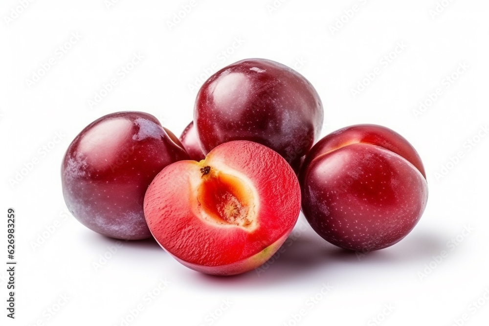 Red Plum fruits isolated on white background.Generative Ai.