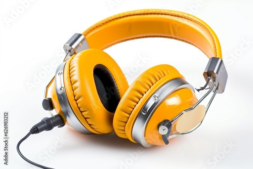 Yellow leather headphones isolated on white background.Generative Ai.