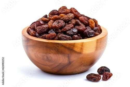 Raisins in wooden bowl isolated on white background.Generative Ai.