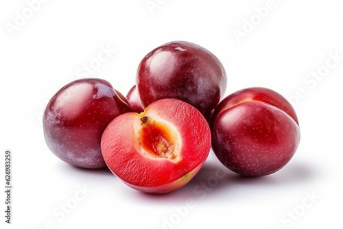 Red Plum fruits isolated on white background.Generative Ai.