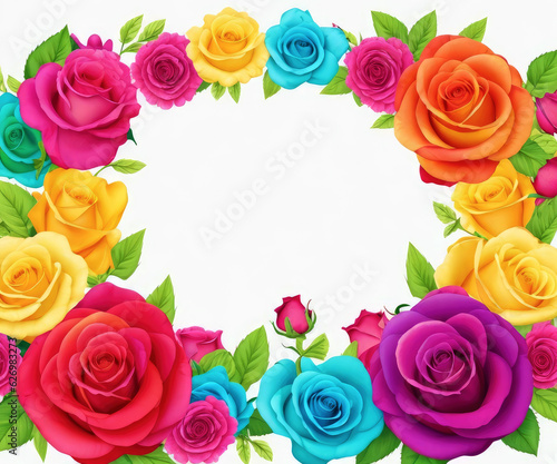 Colorful roses frame on white background. Generative AI