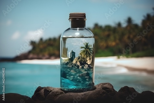 a bottle with a beach and a house in it