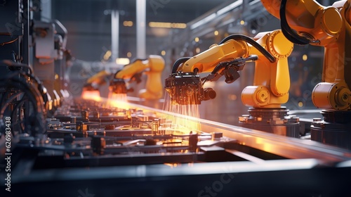 Smart industry robot arms for digital factory production technology showing automation manufacturing process of the Industry 4.0 or 4th industrial revolution, generative ai