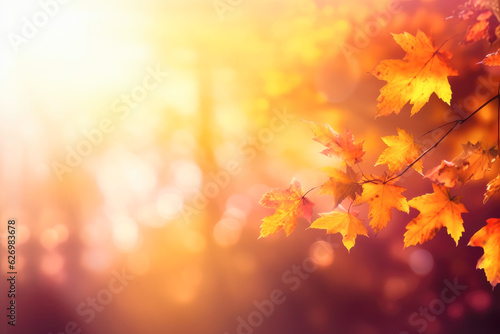 Beautiful autumn leaves in fall sunny day in foreground and blurry background. Generative AI.  
