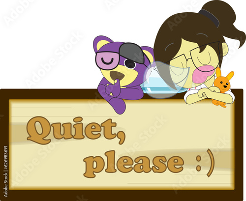 Quiet please board sign room,cute bear with girl beg to help quiet hanging door board