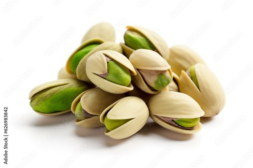 Pistachio nuts isolated on a white background.Generative Ai.