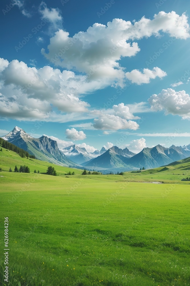Panoramic natural landscape with green grass field, blue sky with clouds and mountains in the background