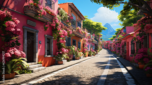 In pink  style  capture the vibrant essence of Costa Rica with its pink houses and colorful streets. Generative ai  ai  generative