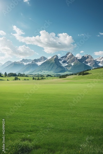 Panoramic natural landscape with green grass field, blue sky with clouds and mountains in the background