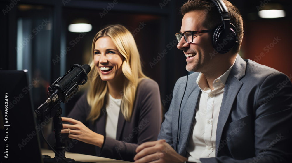 Two people recording a podcast in office. Two people recording a podcast in office.