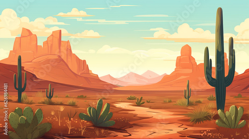 An illustration of a dry desert with only a few types of plants such as cactus. Hot and dry weather. There is an off-road route. 