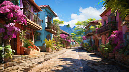 In pink  style, capture the vibrant essence of Costa Rica with its pink houses and colorful streets. Generative ai, ai, generative © ZoomTeam