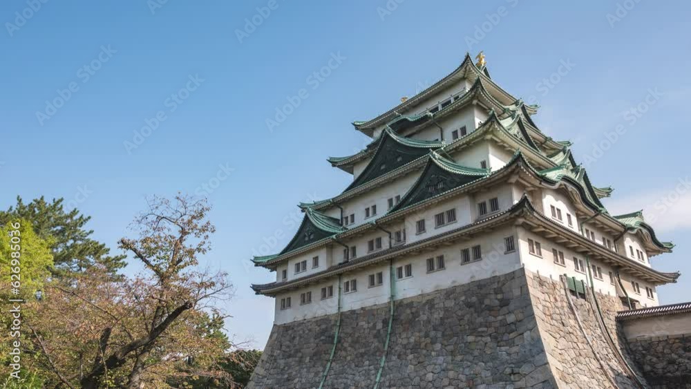 Nagoya Aichi Japan time lapse 4K, city skyline timelapse at Nagoya Castle in autumn season Nagoya Aichi Japan time lapse 4K, city skyline timelapse at Nagoya Castle in autumn season