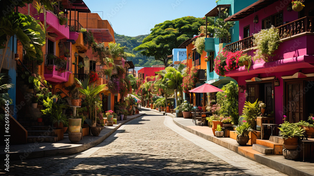 Fototapeta premium In pink style, capture the vibrant essence of Costa Rica with its pink houses and colorful streets. Generative ai, ai, generative