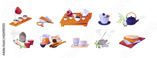 Oriental tea ceremony attributes set: cups, teapot, table, tray, towls, incense, bowls. Green, pu erh, oolong. Japanese and chinese traditions. Flat vector illustrations isolated on white background