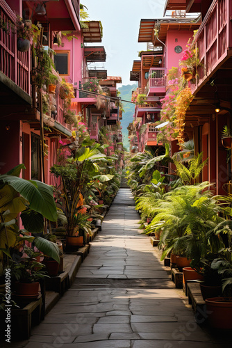 In pink style, capture the vibrant essence of Costa Rica with its pink houses and colorful streets. Generative ai, ai, generative