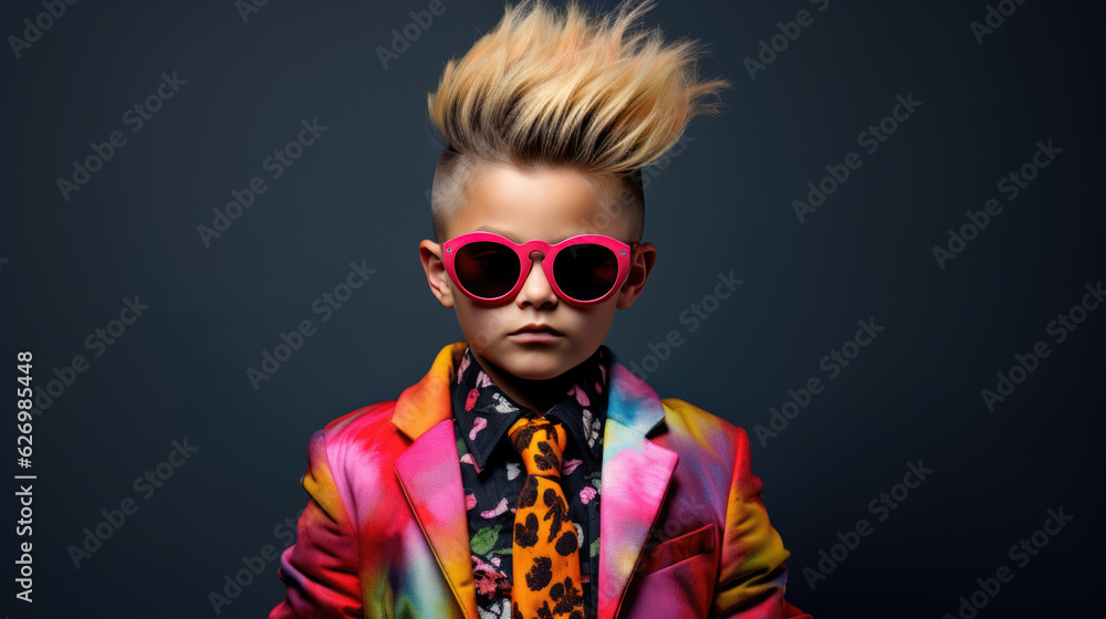 Confident and serious child in stylish outfit on dark background. Confident and serious child in stylish outfit on dark background.