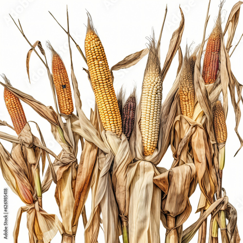 ears of corn on dried stalks harvest isolated on white