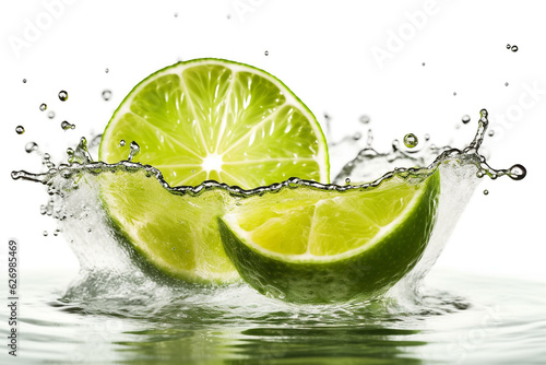 Fresh lime with water splash isolated on white background.Generative Ai.