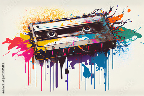 Retro audio cassette among color splashes of paints. Abstract illustration.