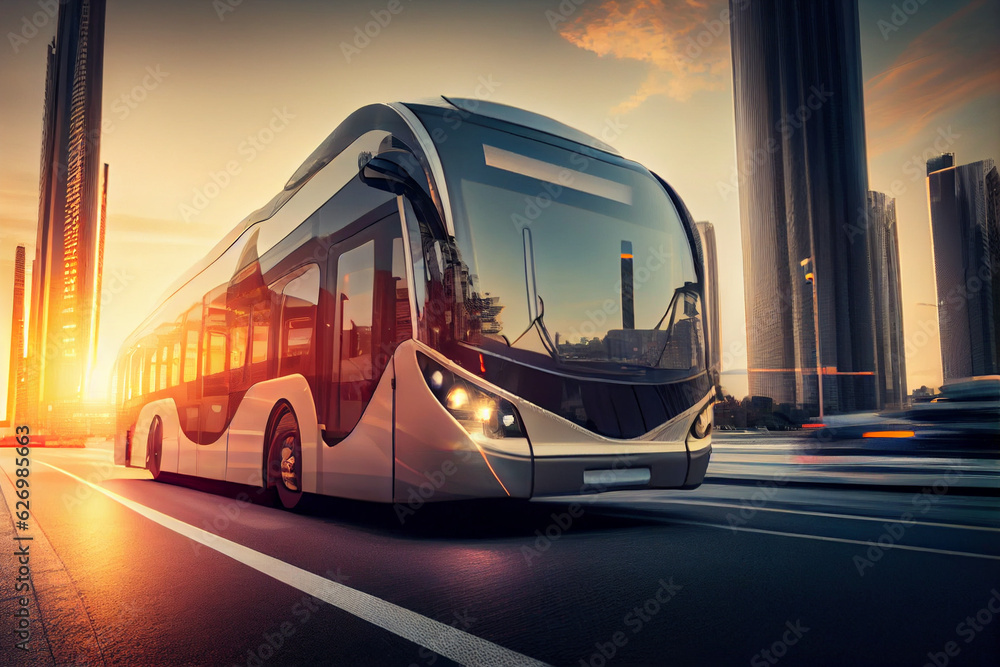 The city, megapolis, future of transportation, sleek autonomous bus glides down the motion blurred city skyscrapers on street.