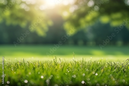 Selective focus green grass with bokeh background.Generative Ai.