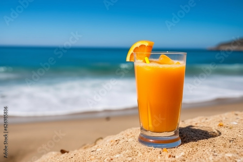 Orange juice on sand beach background.Generative Ai.