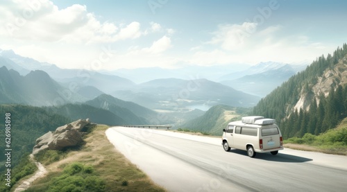 a road trip with van traveling down a beautiful country road 
