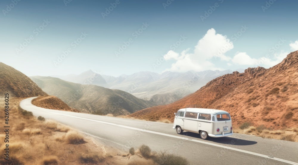 a road trip with  van  traveling down a beautiful country road 