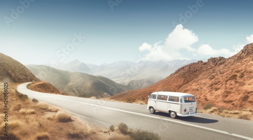 a road trip with van traveling down a beautiful country road 