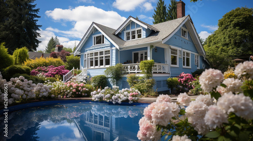 a blue house with pink flowers next to the pool