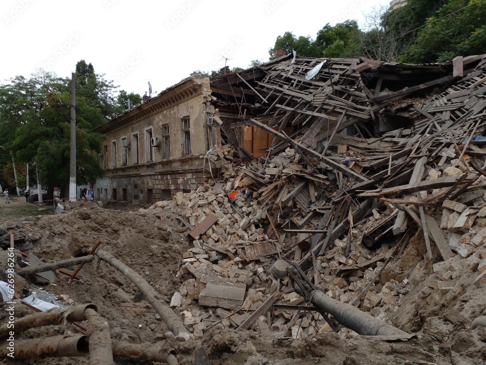 Destroyed house in Odessa after shelling by Russian missiles, war in Ukraine