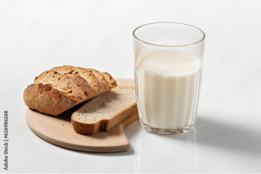 Fresh milk with Whole wheat bread isolated on white background .Generative Ai. Fresh milk with Whole wheat bread isolated on white background .Generative Ai.