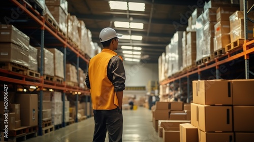 Businessman scanning shipping box in warehouse, generative ai