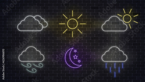 Weather neon icon. Glowing weather signs. Vector illustration 