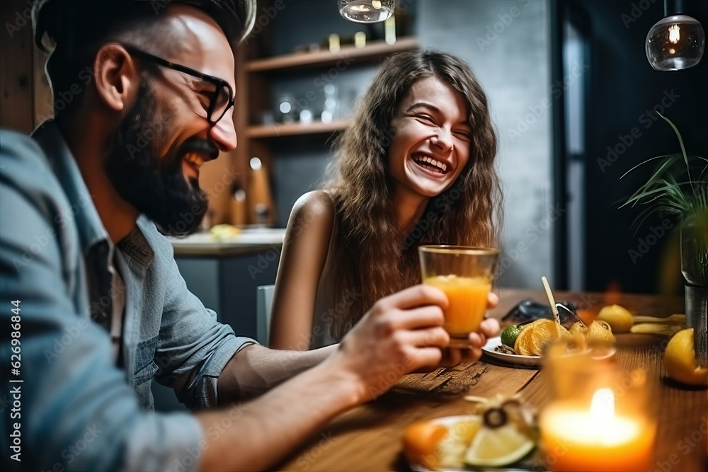 Smiling couple enjoying dinner meal and drink orange juice
