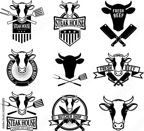 Set of labels with cow heads. Steak house, Fresh beef, butcher shop, grill.  Design element for logo, label, emblem, sign, badge. Vector illustration.