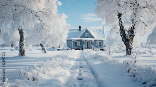 a small cozy blue house in winter with branches © JazzRock
