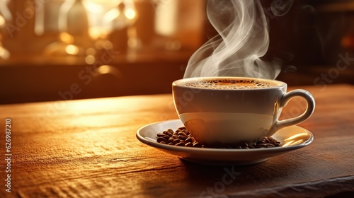 Hot Cup of coffee with smoke on a wooden table. Generative AI