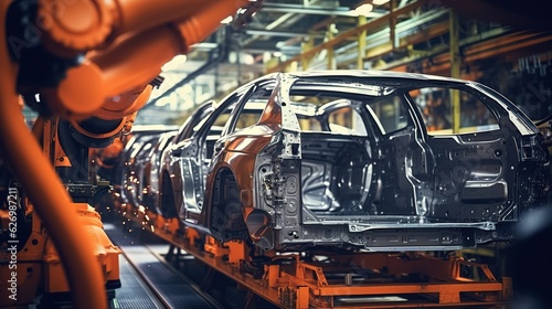 robotic arms welding parts on car body on automated production line. Digitally generated image of an automatic car manufacturing line in an automobile factory with generative ai