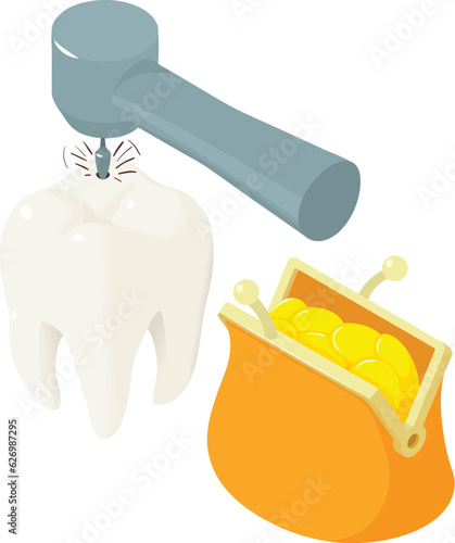 Tooth treatment icon isometric vector. Caries removing process and coin wallet. Dentistry, stomatology, healthcare concept